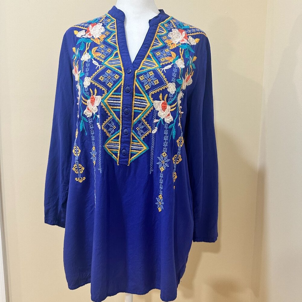 ANTHROPOLOGIE LUNA MOON Floral Embroidered Boho Tunic Royal Blue Sz S